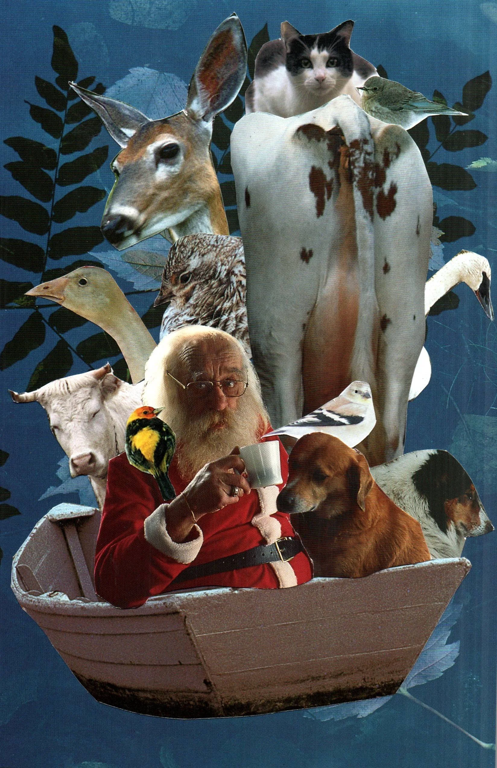Collage featuring Santa Claus holding a cup and a dog in a boat, surrounded by various animals including a deer, cat, owl, cow, dog, rabbit, bird, and others on a blue background