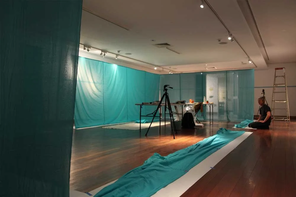 Coming Up For Breath, 2021 (installation detail with Milly Hyde), silk chiffon, cotton voile, tape, bean sinkers, dowel, two-channel video (33:37 minutes), approximately 11 x 7 metres