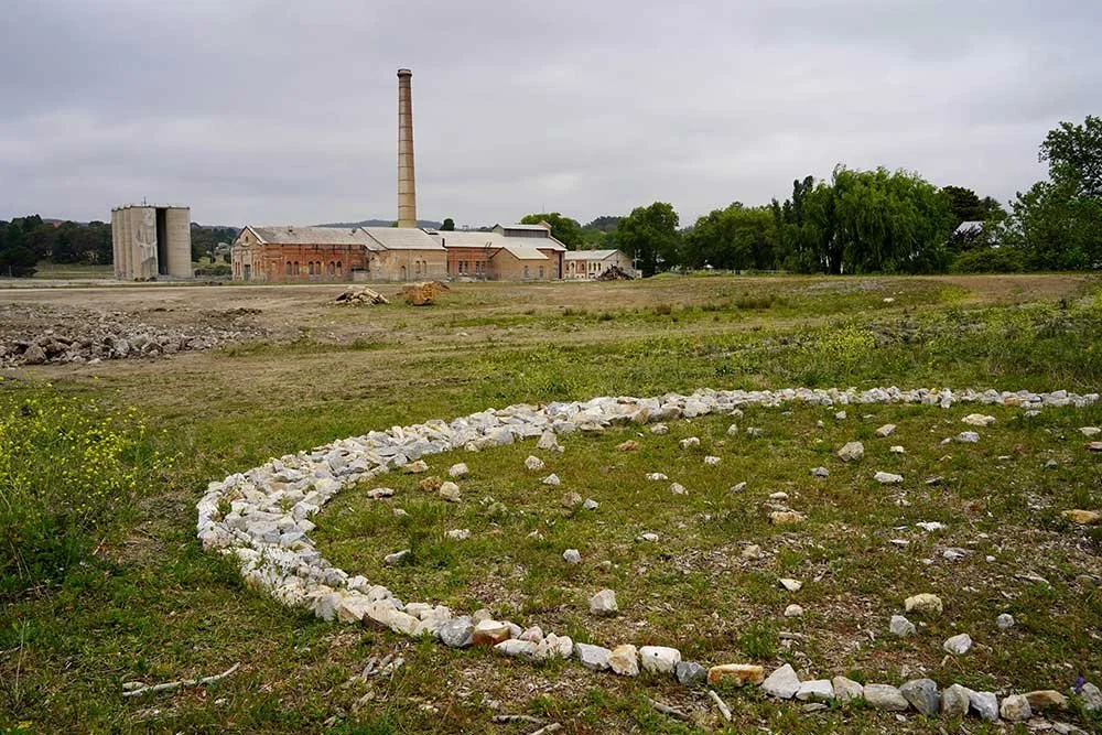 Portland Pooling Moon, 2025 (detail), limestone hands hooves time place, 8 metres diameter