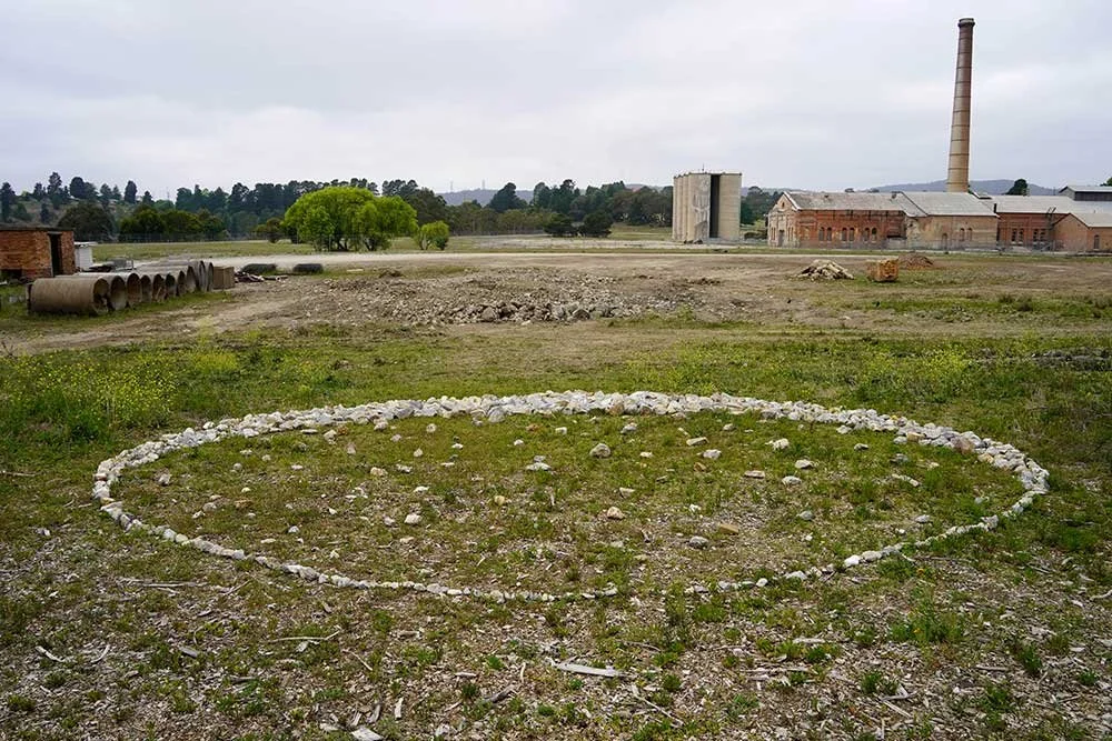 Portland Pooling Moon, 2025, limestone hands hooves time place, 8 metres diameter