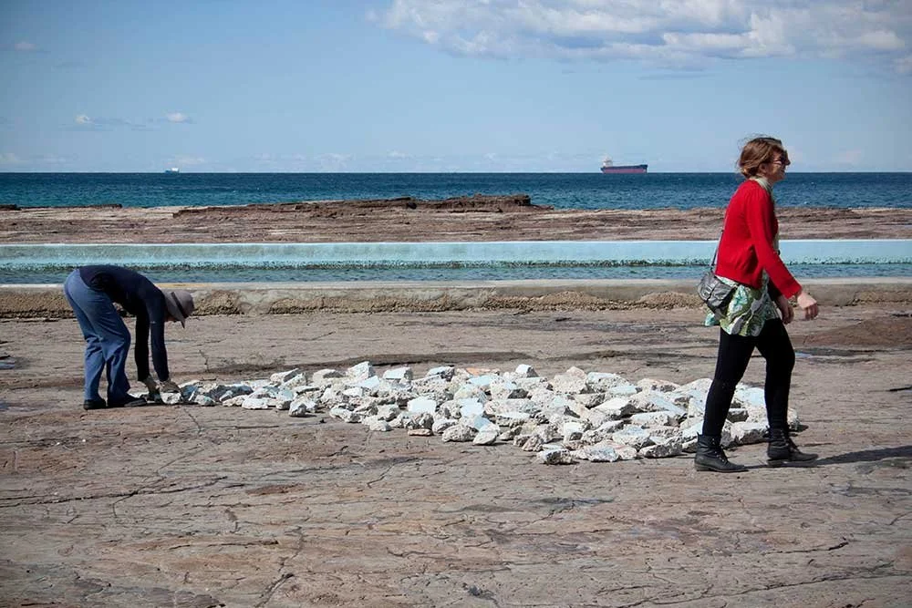 Full (Blue) Moon, Coledale rock platform, 31 August 2012 (construction), foraged sea-pool concrete, humans, approximately 4.7 metres