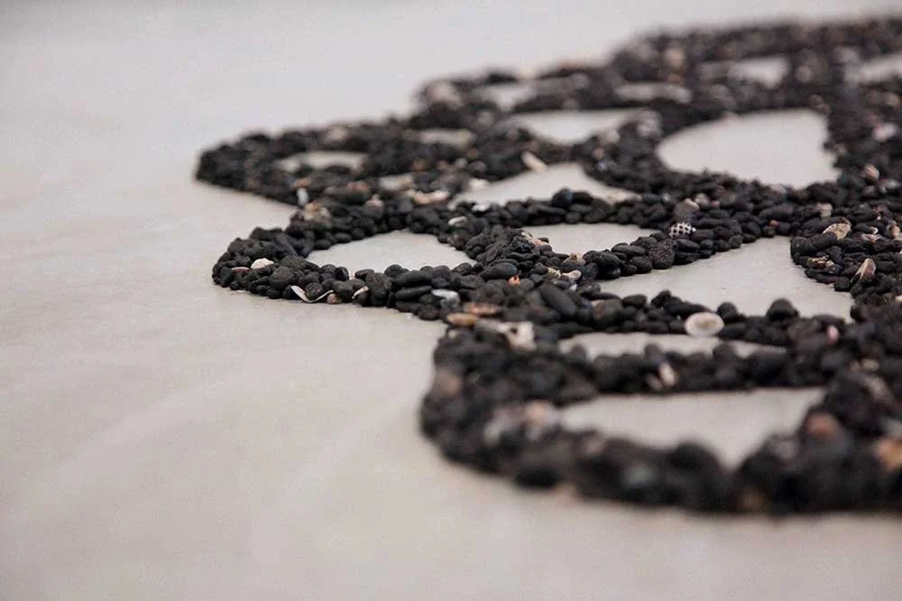 High Tide New Moon 2015 (detail), coal pebbles, shells, sea ephemera, 1.75m diameter: part of Object D'Urbanites, Maitland Regional Gallery