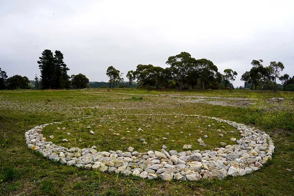 Portland Pooling Moon, 2025 (detail), limestone hands hooves time place, 8 metres diameter