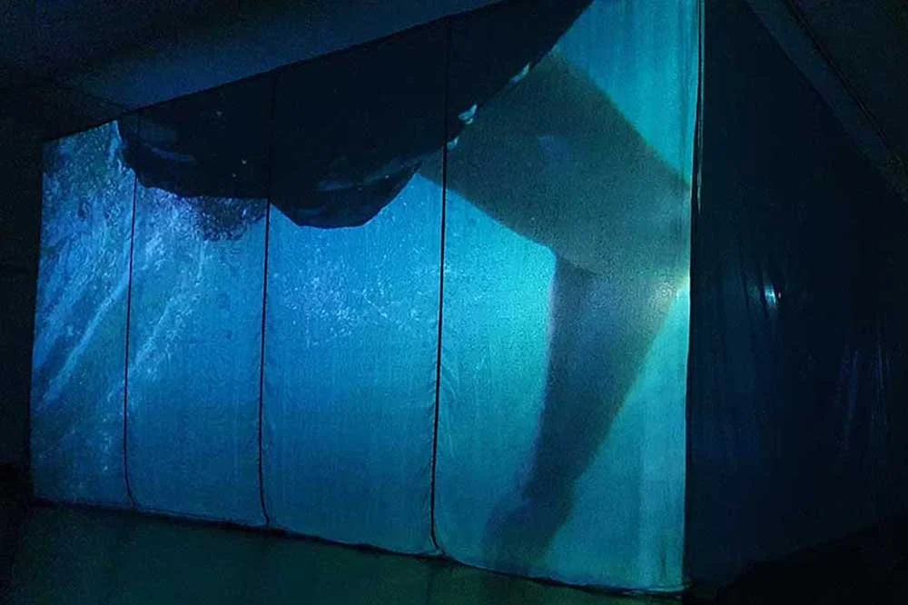 Coming Up For Breath, 2021 (detail), silk chiffon, cotton voile, tape, bean sinkers, dowel, two-channel video (33:37 minutes), approximately 11 x 7 metres