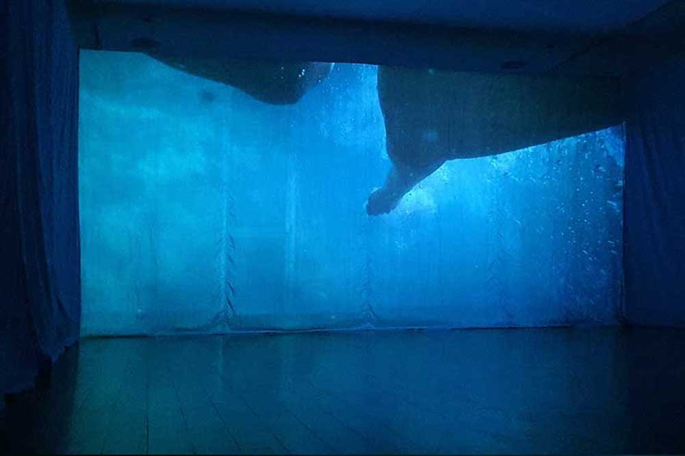 Coming Up For Breath, 2021 (detail), silk chiffon, cotton voile, tape, bean sinkers, dowel, two-channel video (33:37 minutes), approximately 11 x 7 metres