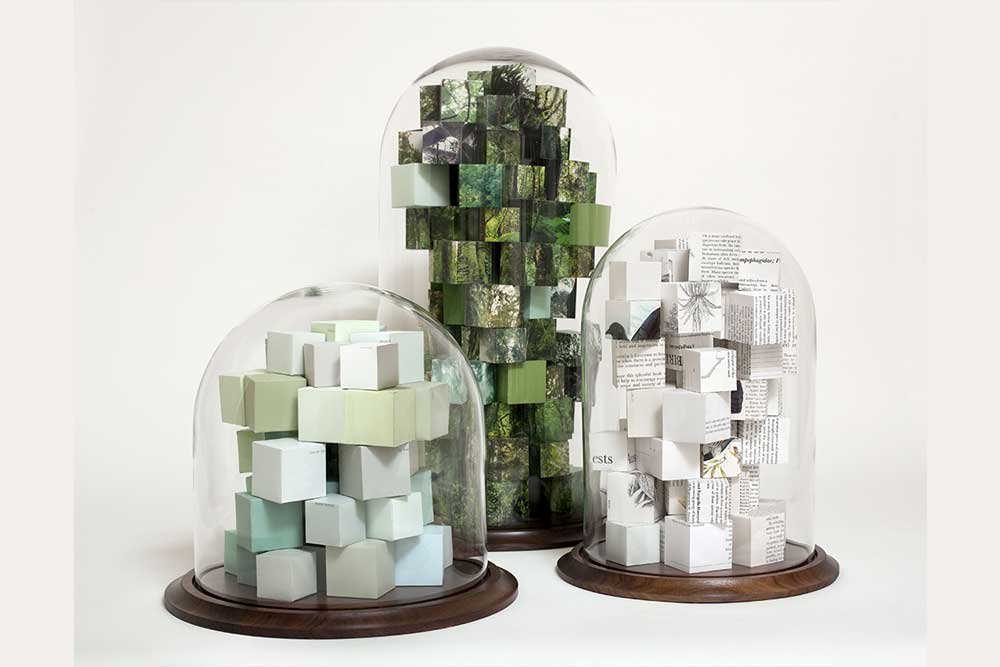 Cluster of Ideas 2010, hand crafted paper cubes & glass domes, dimensions variable