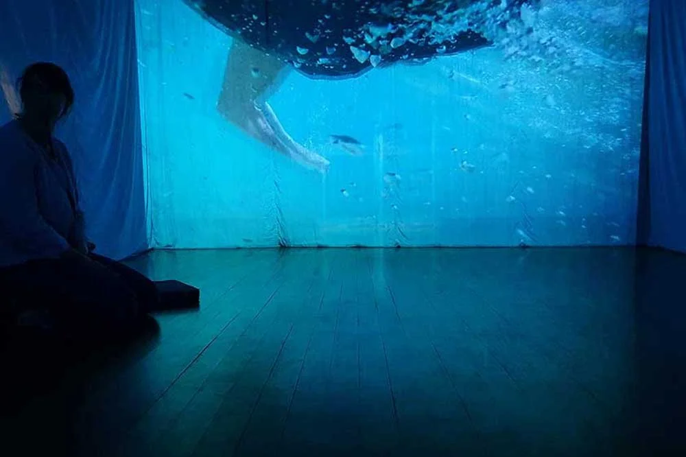 Coming Up For Breath, 2021 (detail with Emma), silk chiffon, cotton voile, tape, bean sinkers, dowel, two-channel video (33:37 minutes), approximately 11 x 7 metres