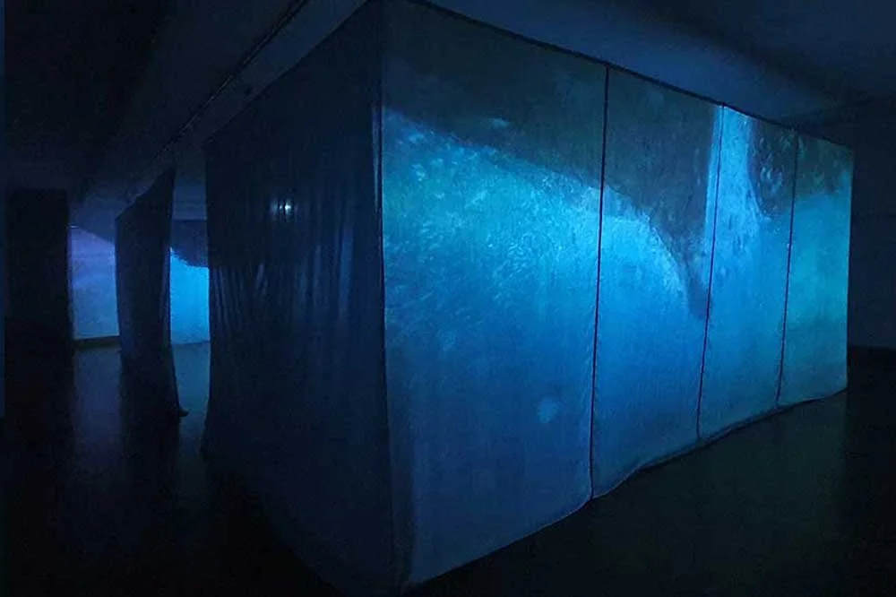 Coming Up For Breath, 2021 (detail), silk chiffon, cotton voile, tape, bean sinkers, dowel, two-channel video (33:37 minutes), approximately 11 x 7 metres