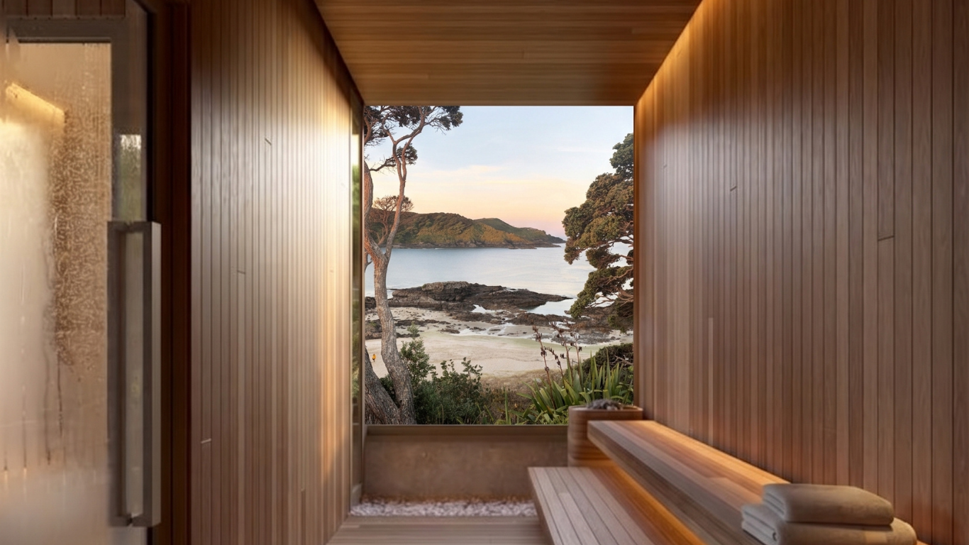 View of a beach with rocks and trees through a wooden framed opening in a room with wooden walls.