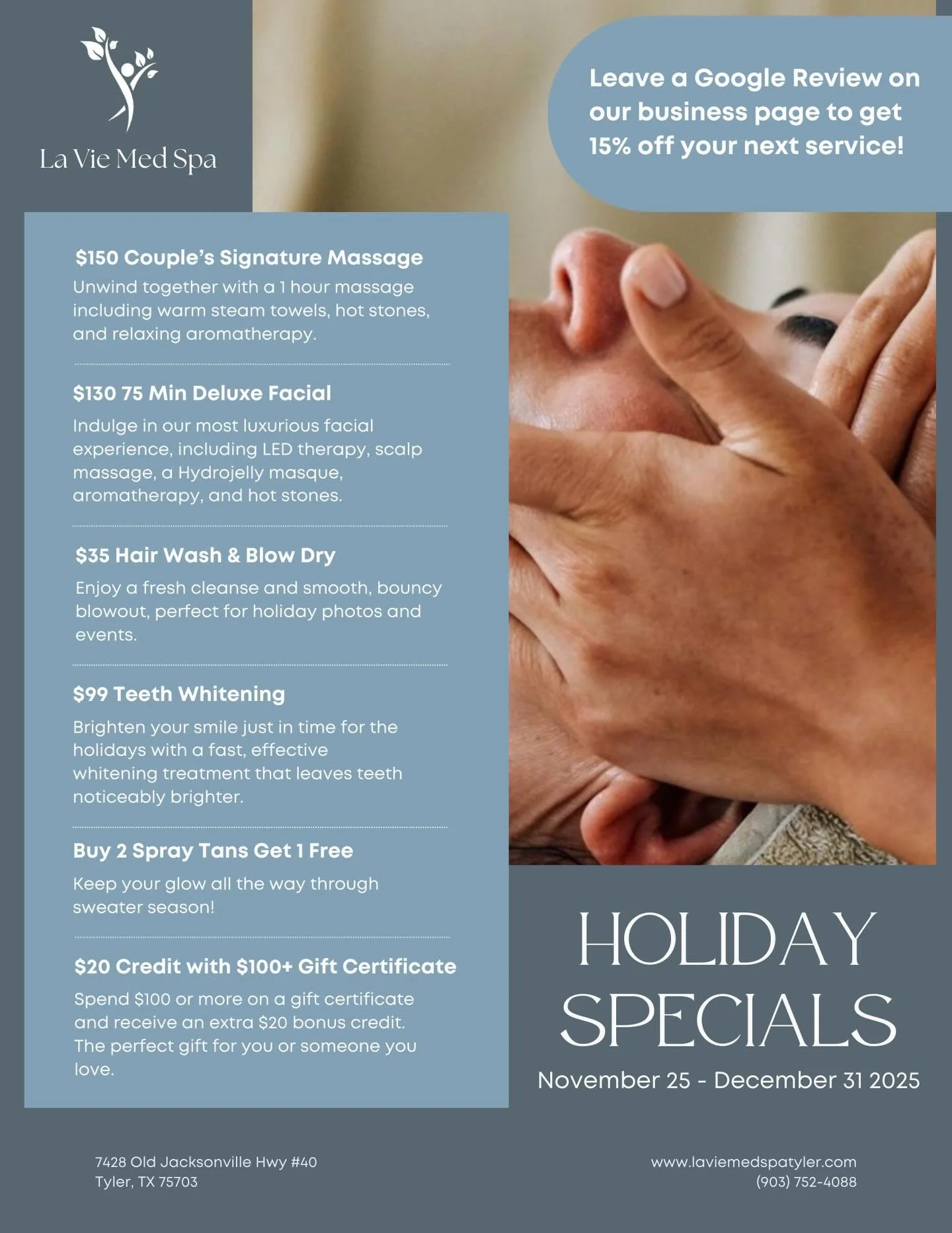 Holiday specials start tomorrow, just in time for Black Friday and holiday shopping! These are all valid until 12/31/25, so go online or call today to book your next appointment!

#laviemedspatyler #medspatylertx #tylertxmassage #facialstylertx #spat