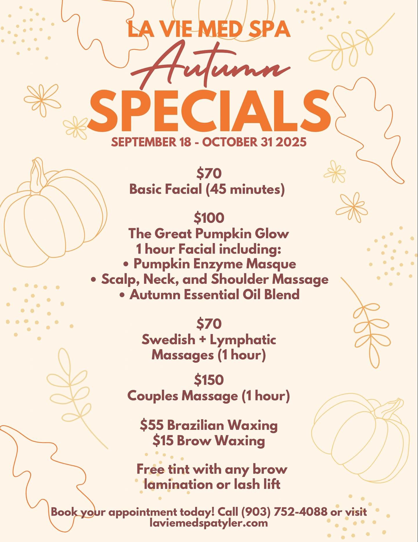 Fall specials are here! Give us a call or book online through the link in our bio to make your next appointment! 

#laviemedspatyler #TylerSpa #TylerTX #EastTexasSpa #TylerTexas #SpaSpecials #tylertxspa #medspatylertx