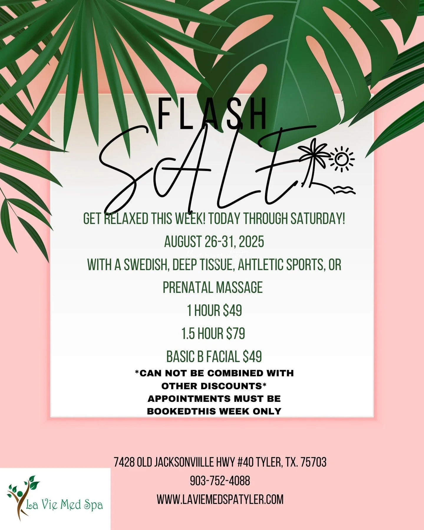 Last day to take advantage of our Flash Sale! Call now to book your Basic B Facial! All massage appointments are officially booked! 903-752-4088 We are open til 3pm! You don't want to miss out on a $49 amazing facial!!