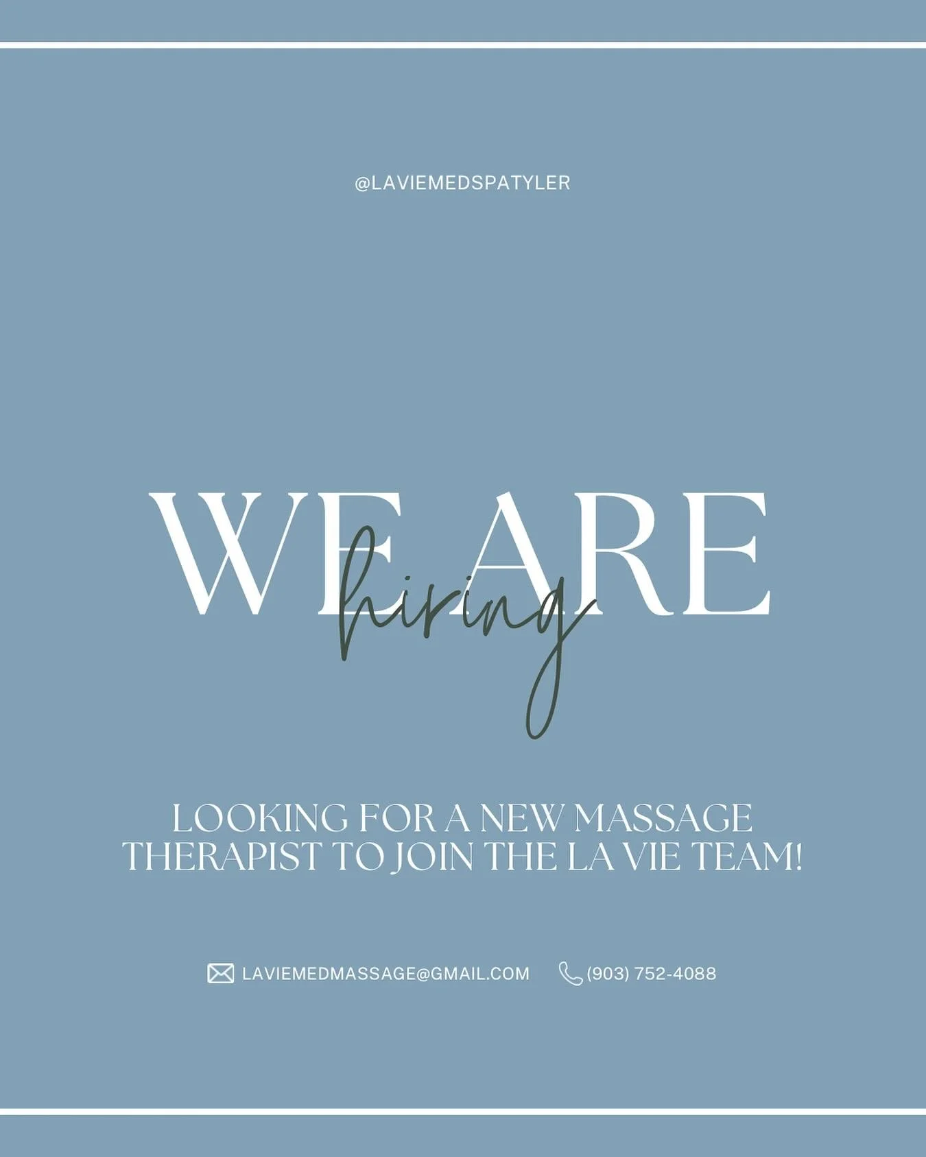 🌿 We&rsquo;re Hiring! 🌿
La Vie Med Spa is looking for a licensed massage therapist to join our team. If you&rsquo;re passionate about wellness, client care, and working in a supportive environment &mdash; we&rsquo;d love to hear from you!
📧 laviem