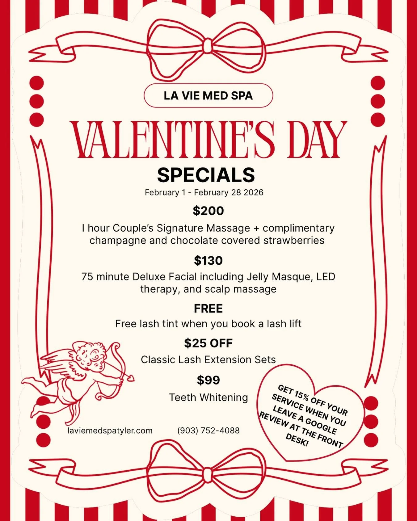 💕 Valentine&rsquo;s Day Specials at La Vie Med Spa 💕
Available February 1&ndash;28

✨ Couple&rsquo;s Signature Massage &ndash; $200
Enjoy a relaxing 1-hour massage for two, complete with complimentary champagne and chocolate-covered strawberries.


