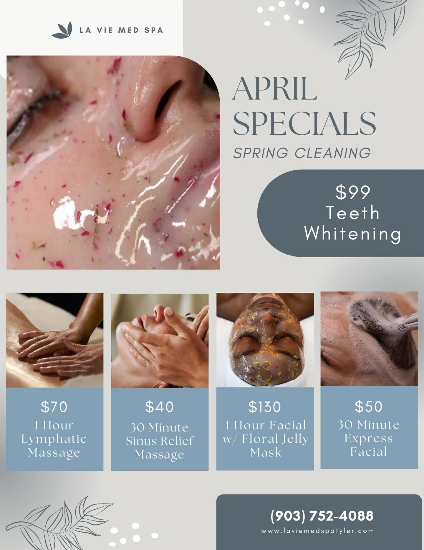 🌷 April &ldquo;Spring Cleaning&rdquo; Specials are here! It&rsquo;s the perfect time of year to refresh, reset, and relax.

Teeth Whitening- $99 
Lift stains and brighten your smile with a safe, effective whitening treatment.

1 Hour Lymphatic Massa