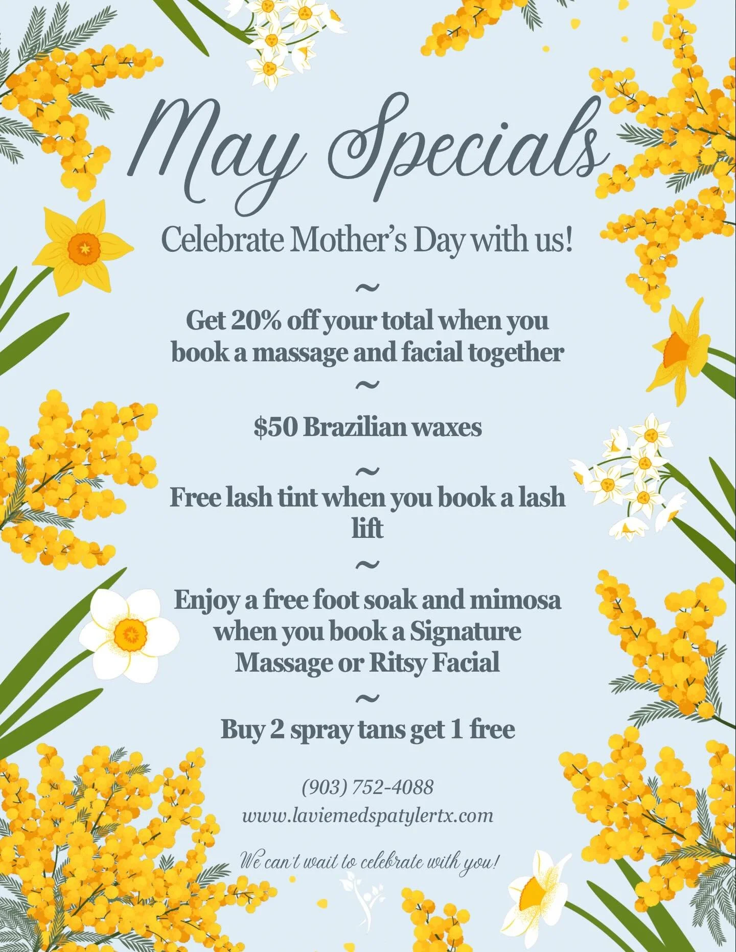 May Specials are here! Come celebrate Mother&rsquo;s Day with us 🌿

🌷 20% off your total when you book a massage and facial together
🌷 $50 Brazilian waxes
🌷 Free lash tint when you book a lash lift
🌷 complimentary foot soak and mimosa when you b