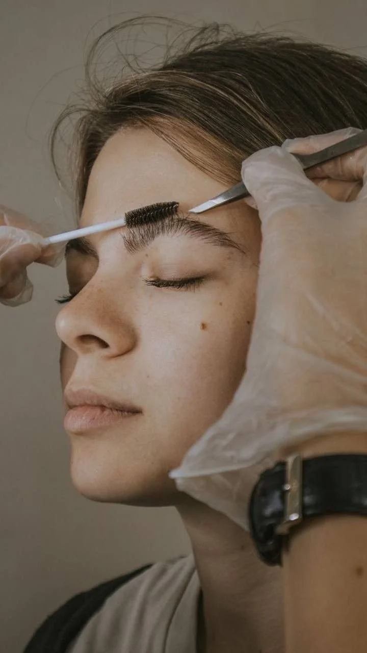 A person is receiving an eyebrow grooming treatment from a professional wearing gloves, using a tool to shape or tidy the eyebrow area.