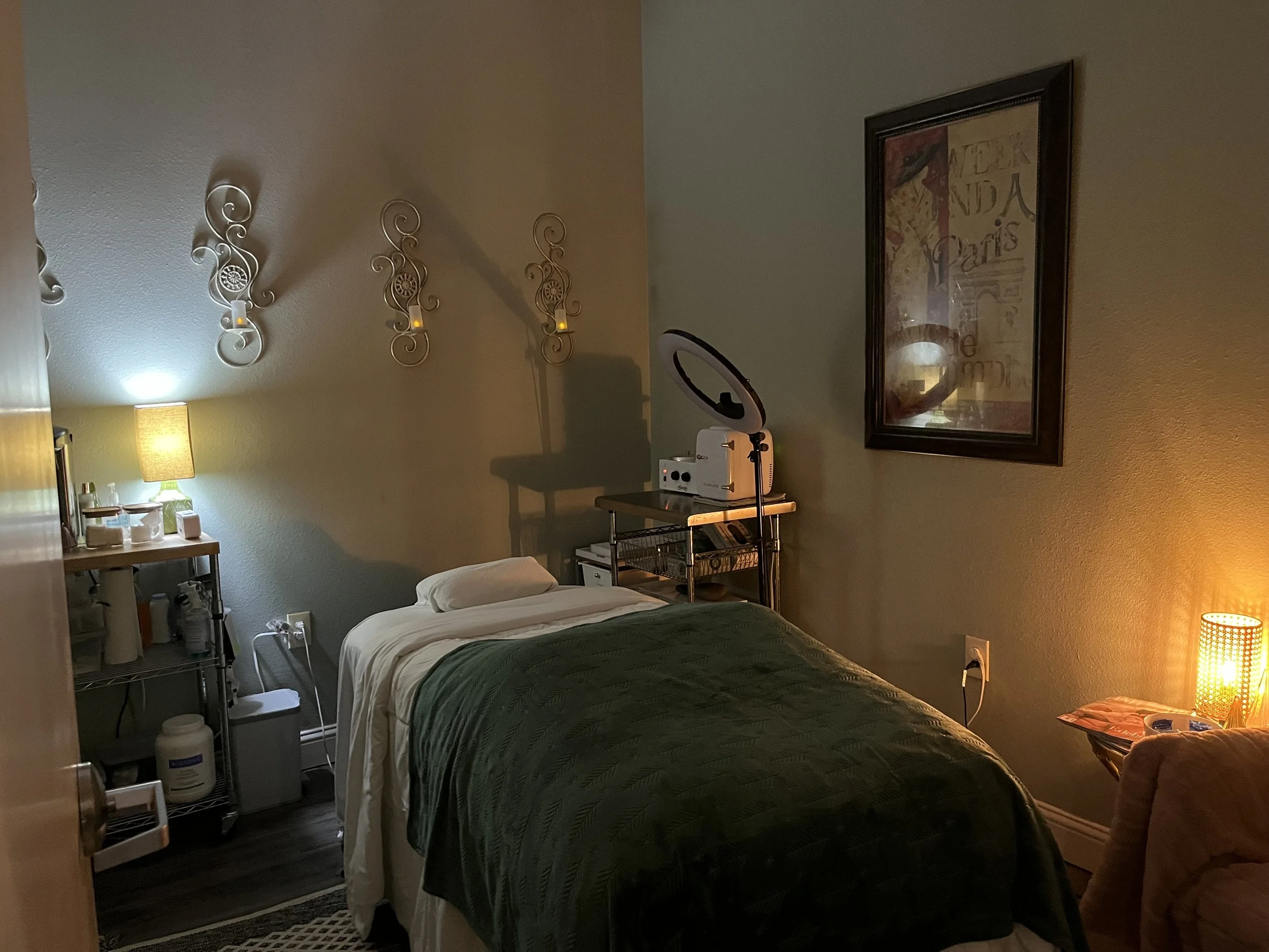 A dimly lit bedroom with a bed, nightstand, and various lamps. There is medical equipment near the bed and decorative wall art.