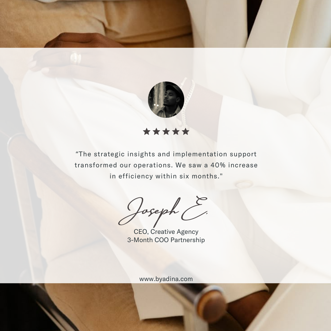 Client testimonial with a star rating, quote about operational improvements, and a signature from Joseph E., CEO of a creative agency, on a blurred background of a person's hand and arm in white clothing.