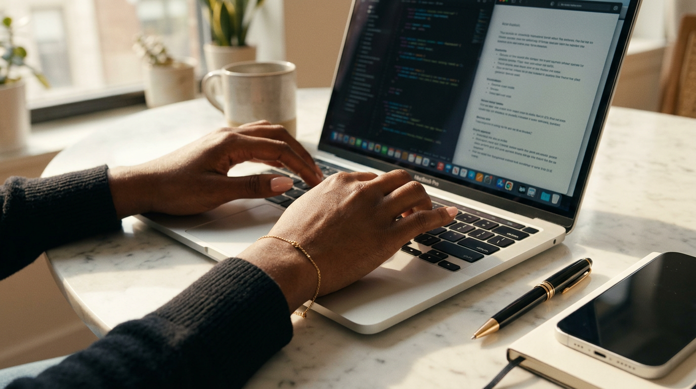 Close-up of a Black woman's well-groomed hands with a gold bracelet typing purposefully on a MacBook on a white marble desk surface, with an iPhone and pen beside the laptop, representing responsive and efficient execution.