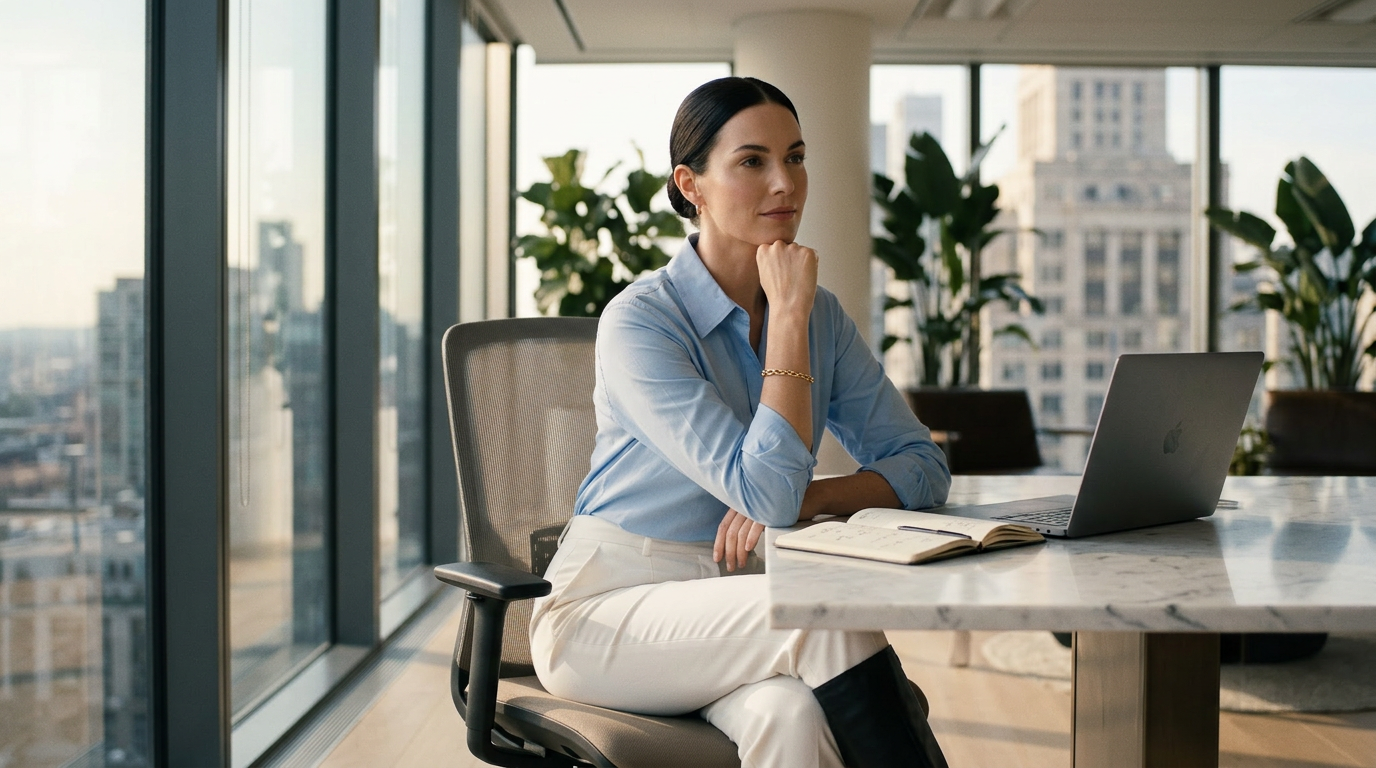 A White woman with dark hair in a sleek bun seated at a white marble desk in a modern office, resting her chin thoughtfully on her hand while looking at an open notebook, with floor-to-ceiling windows and architectural plants behind her.