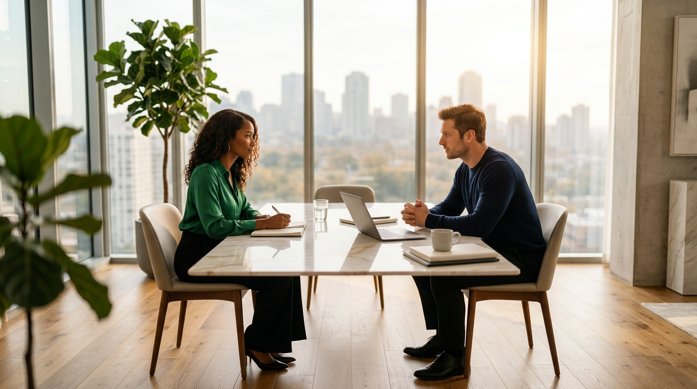 Two professionals, a Black woman and a White man, engaged in focused conversation across a white marble conference table in a modern high-rise office with floor-to-ceiling windows and a city skyline view.