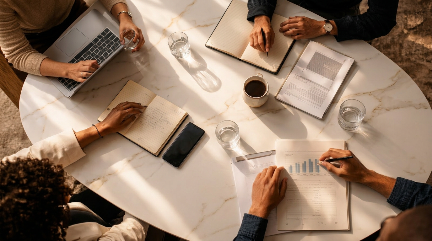 Overhead bird's eye view of four pairs of diverse hands working simultaneously around a white marble table, with open MacBooks, handwritten notebooks, printed documents, and crystal glasses of water representing integrated team collaboration.