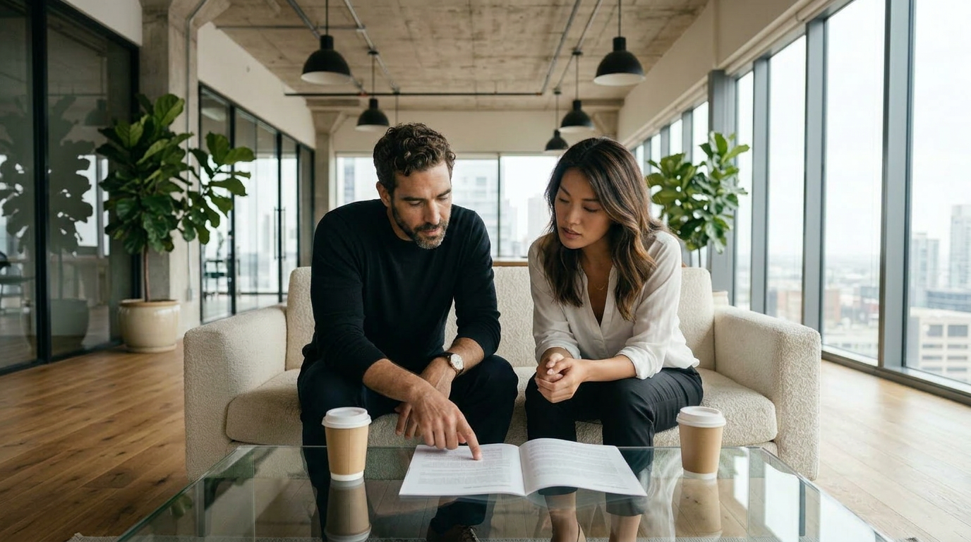 A Latino man and an Asian woman seated side by side on a cream sofa in a modern upscale office lounge, leaning toward each other in direct engaged conversation with open notebooks on the coffee table between them.