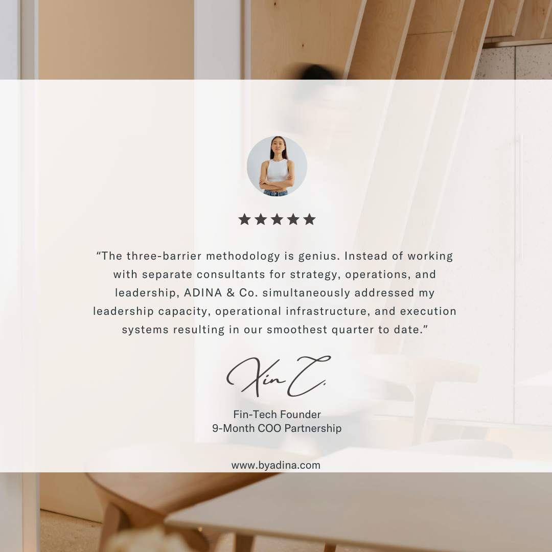 Testimonial quote from a woman with crossed arms, praising ADINA & Co's three-barrier methodology, signed by Xin Z., Fin-Tech Founder, with a 5-star rating, on a white background in a modern office setting.