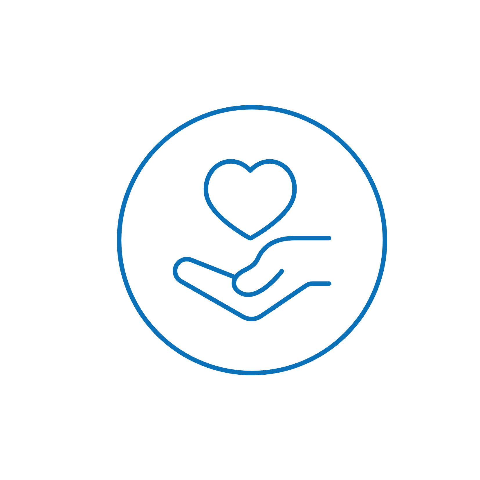 Outline of a hand holding a heart inside a circle