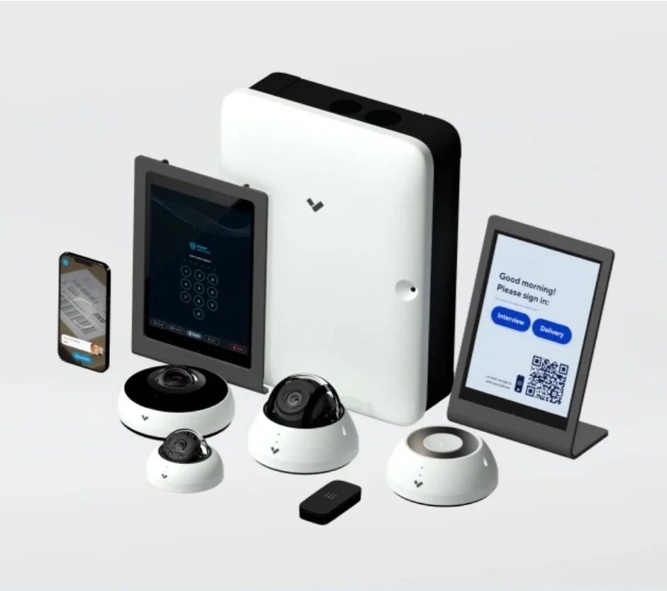 Collection of security and communication devices including cameras, digital screens, and electronic access panels.