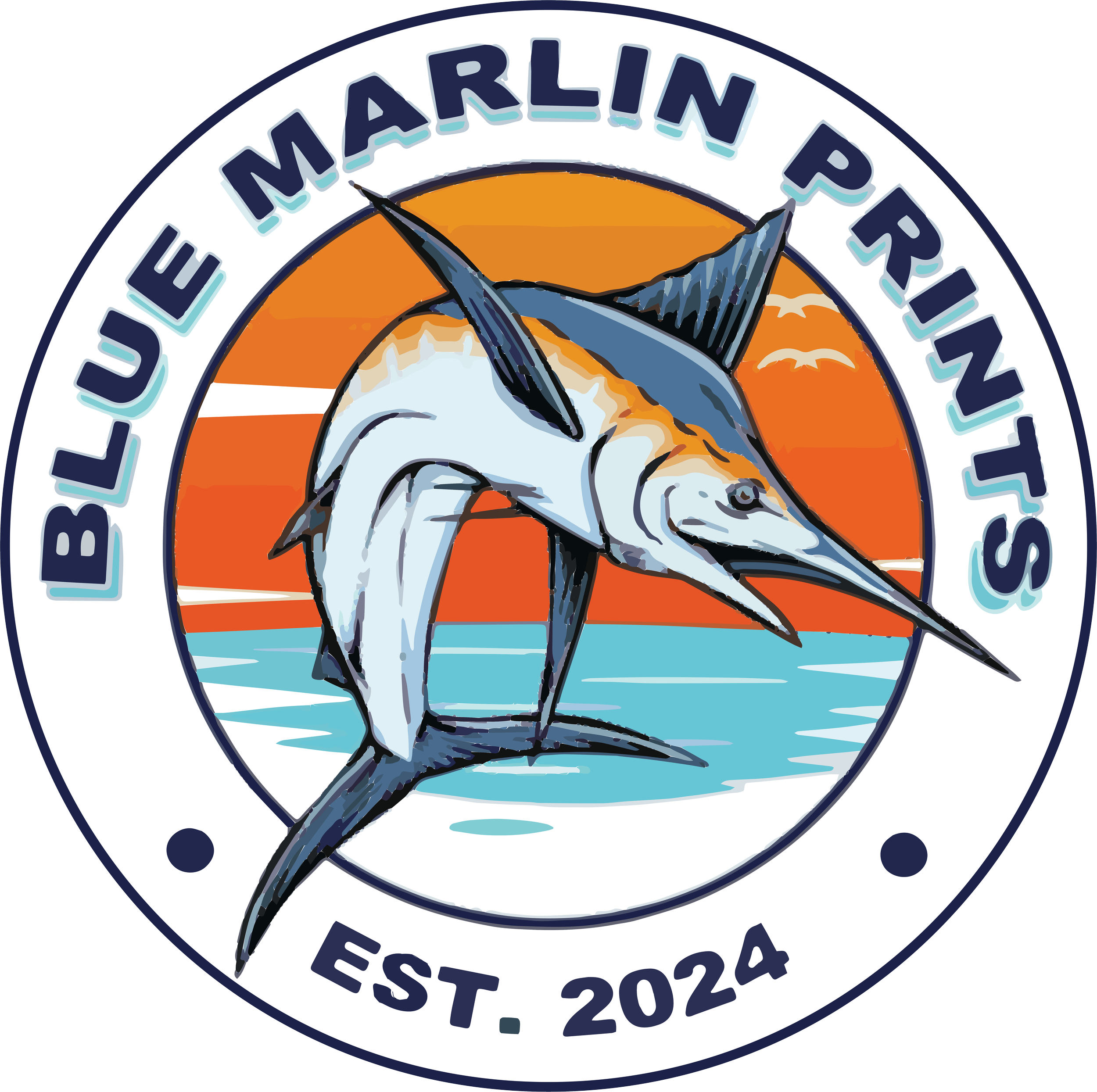 A circular logo with a dog illustration in the center, surrounded by the text "MARLIN P. EST. 2024" and a background resembling the sunset over the ocean.