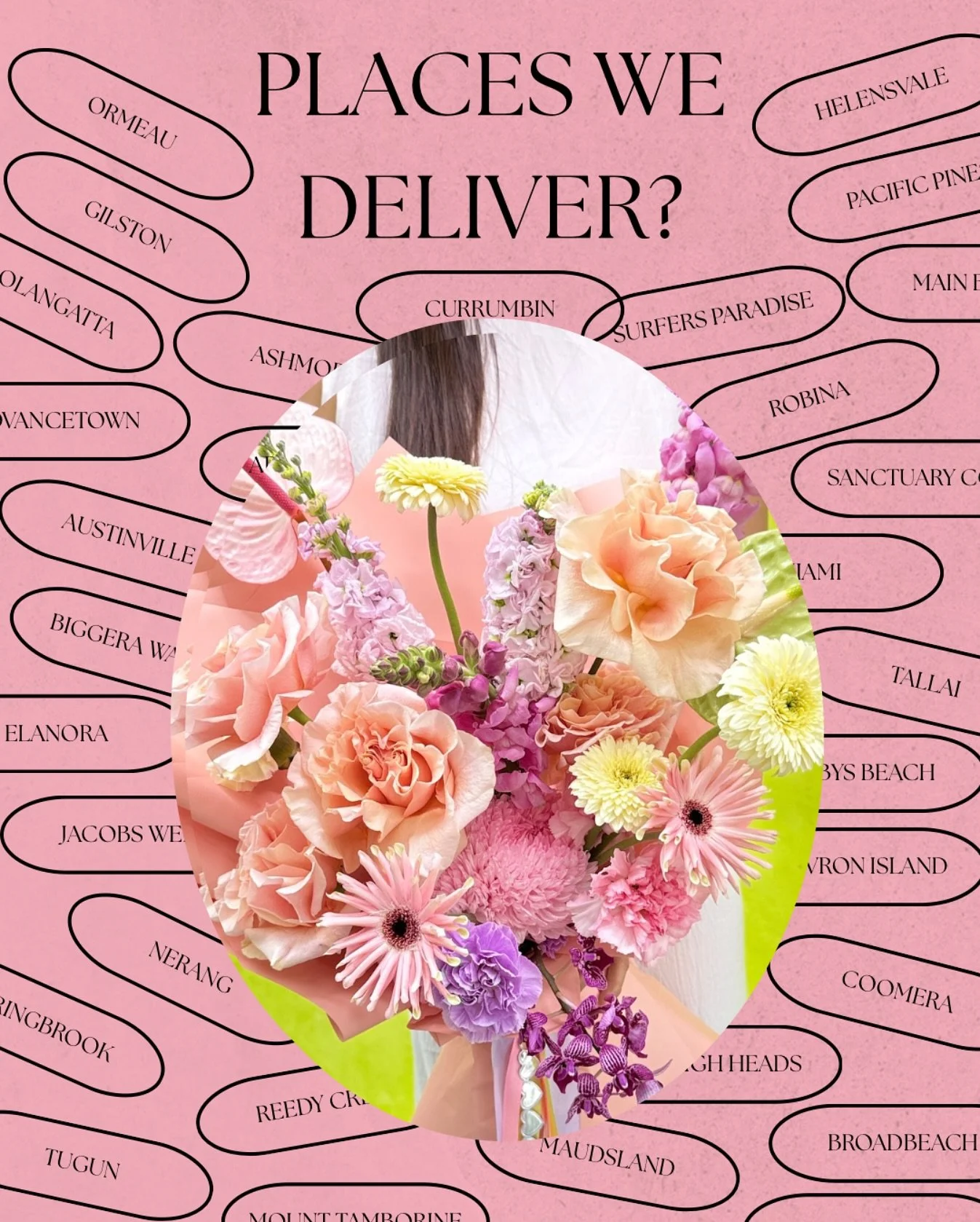 Cool Bloom is here to spread flower love all across the Gold Coast 🌸✨

Here are just some of the places we deliver your blooms:
Advancetown, Alberton, Arundel, Ashmore, Austinville, Beechmont, Benobble, Benowa, Biggera Waters, Bilinga, Birnam, Bonog