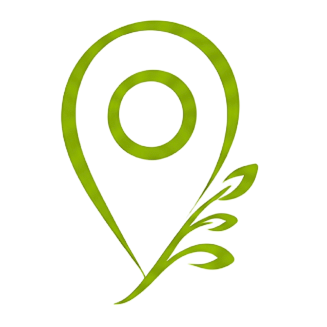 Green decorative icon combining a map pin with a flower motif, featuring a circular center and leaves extending from the bottom.