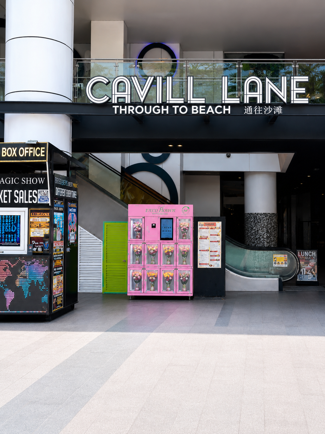 Entrance to Cavill Lane shopping area with a pink flower vending machine, an escalator, and a digital world map display