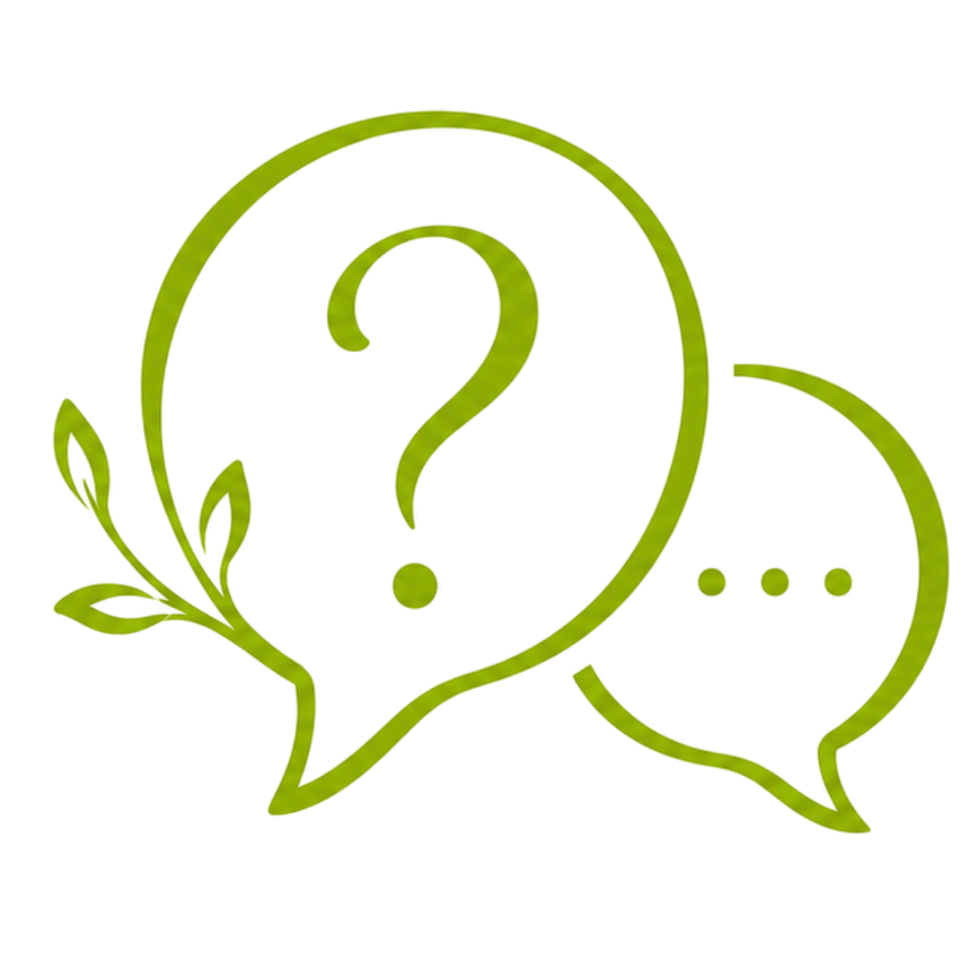 Line drawing of a human head with a question mark in the face and a speech bubble next to it, surrounded by a branch with leaves.
