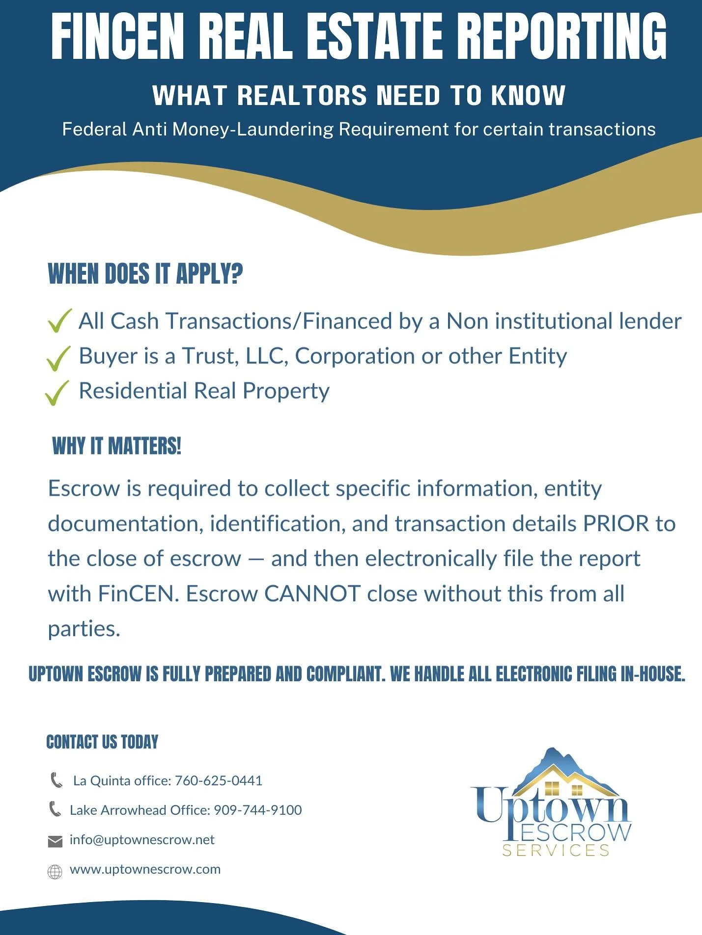 🚨 NEW FINCEN REPORTING RULE

Some residential transactions now require federal reporting before escrow can close.

This may apply if:
✔️ It&rsquo;s an all-cash purchase
✔️ Buyer is a Trust or LLC
✔️ Private lender financing

Don&rsquo;t worry &mdash