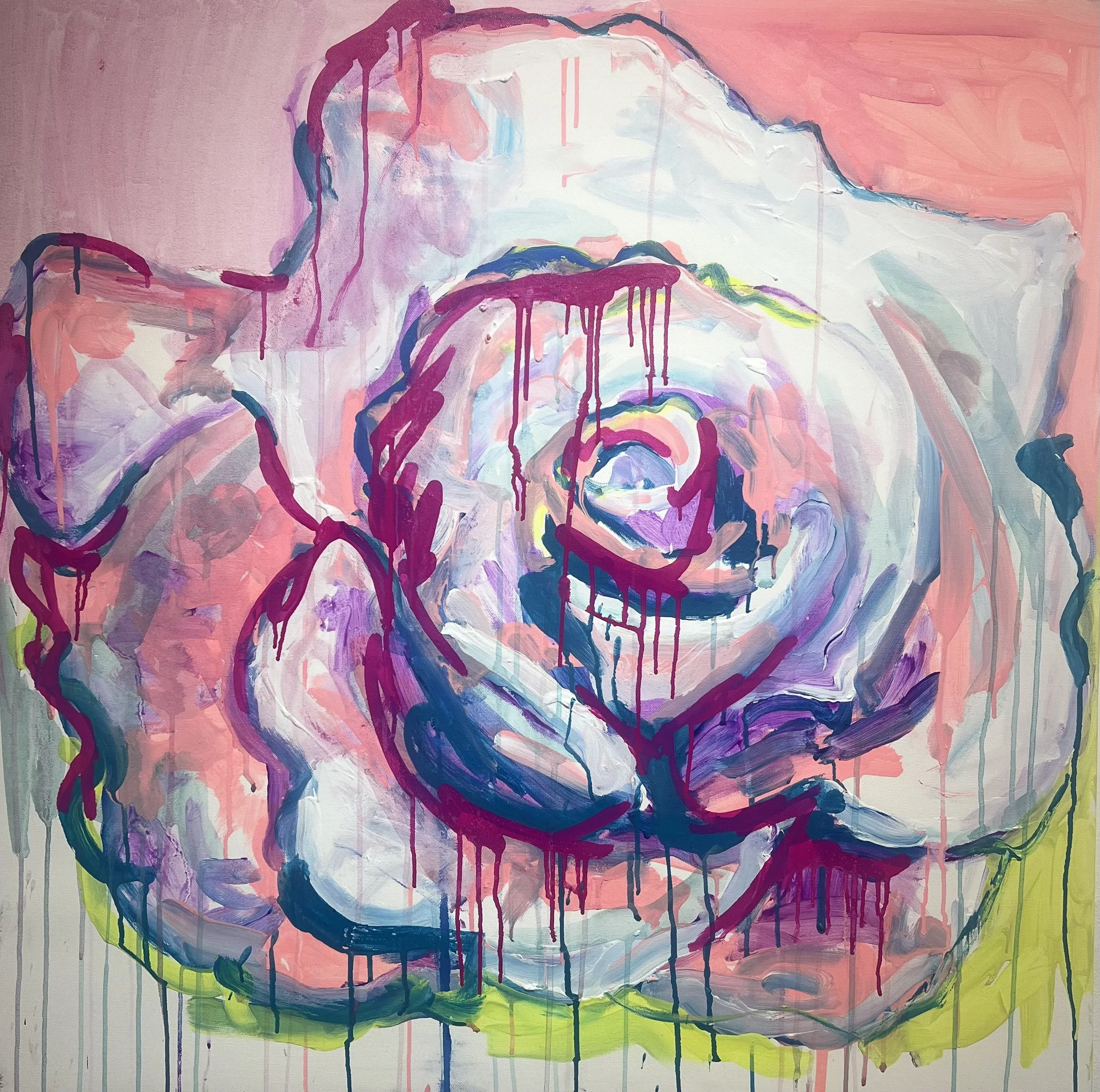 A colorful abstract painting of a rose with dripping paint effects and layered brushstrokes in pink, purple, blue, and green tones.
