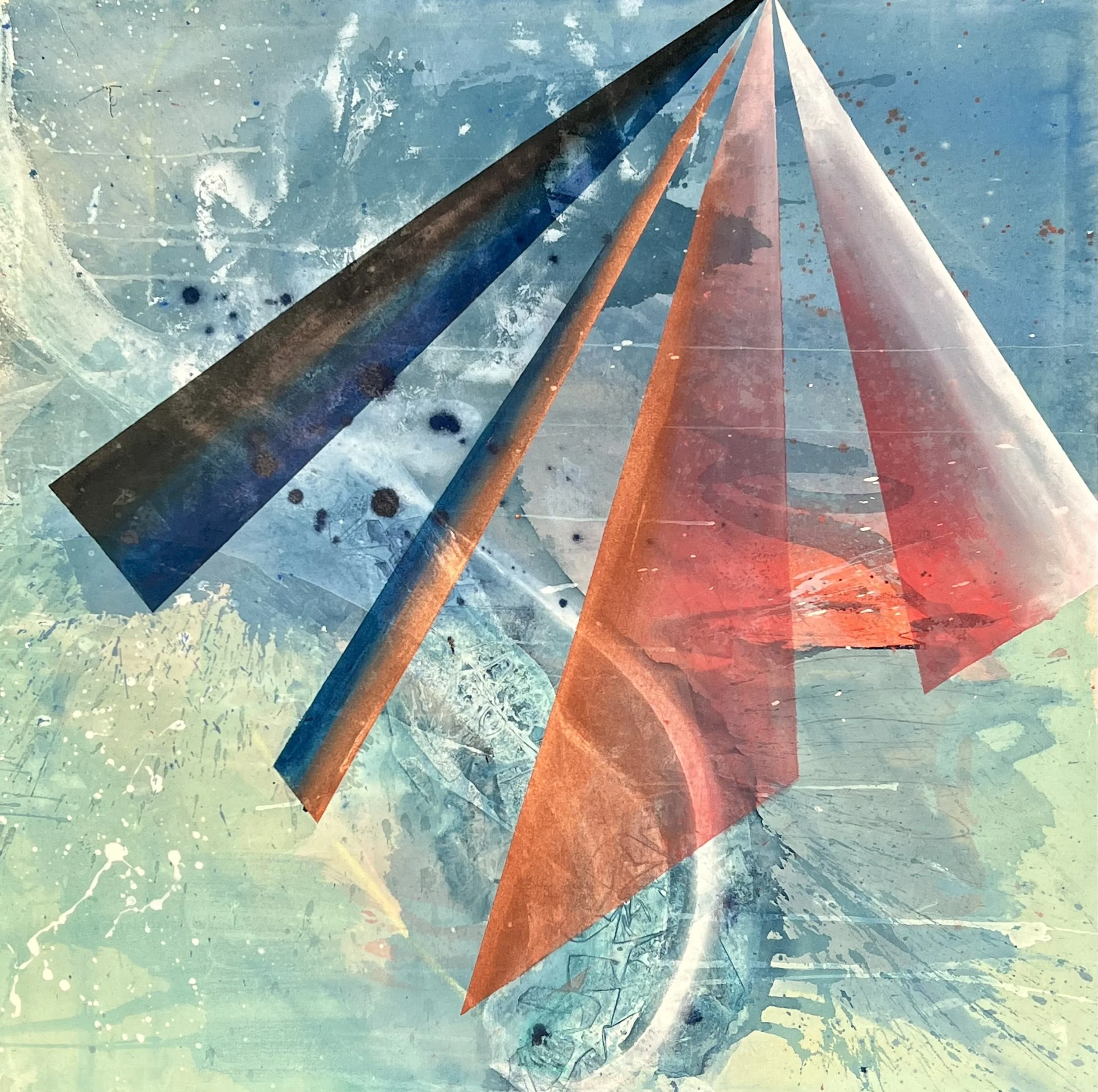 Abstract artwork featuring triangular shapes in black, blue, orange, and red hues with a textured, splattered background in shades of blue and green.