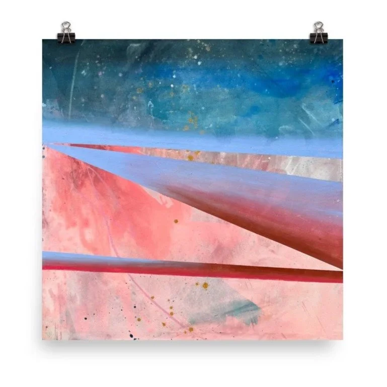 Abstract painting with blue, pink, and red colors, featuring splashes of gold and textured brush strokes.