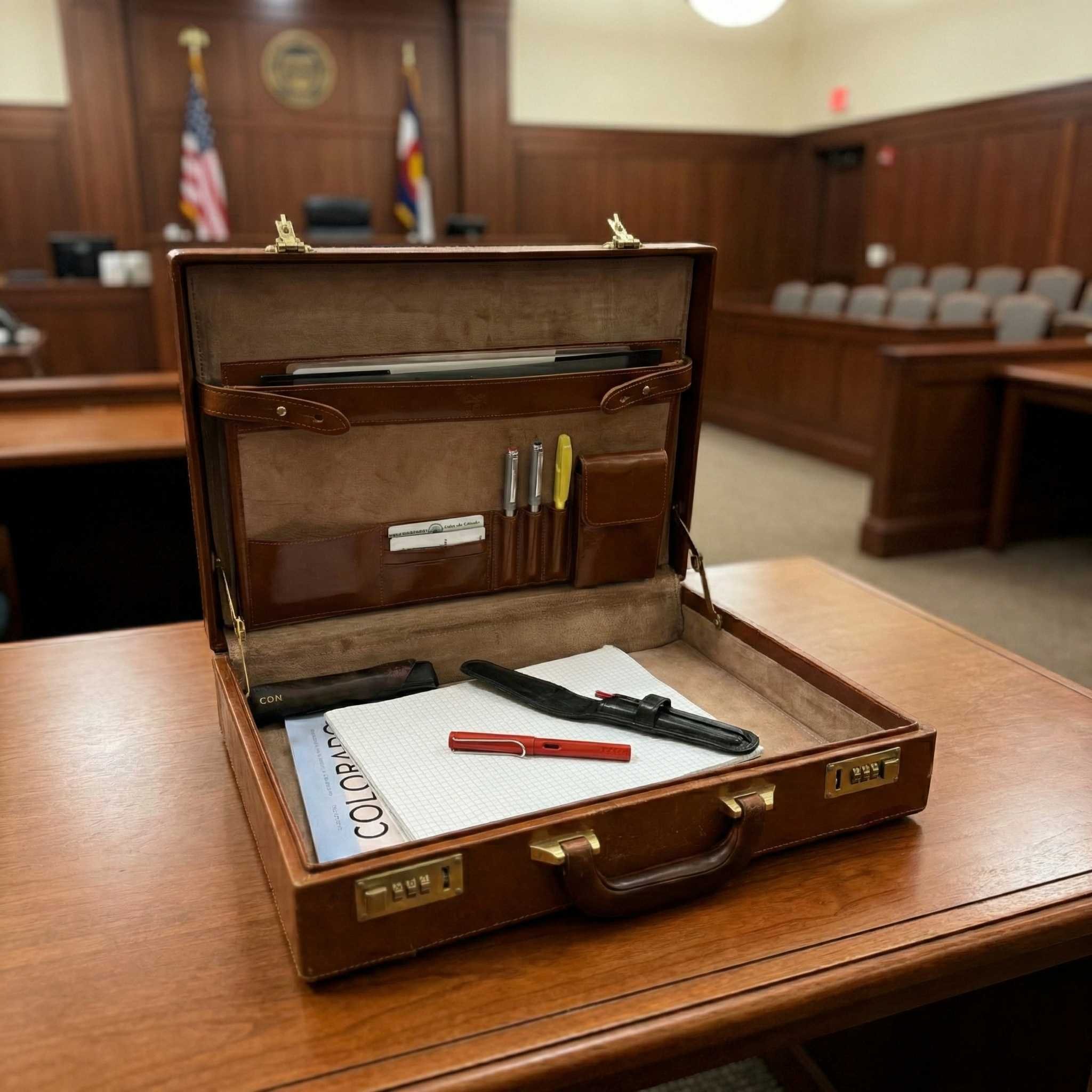 An open leather briefcase on a wooden table with a legal pad, pens, and a knife inside, in a courtroom.