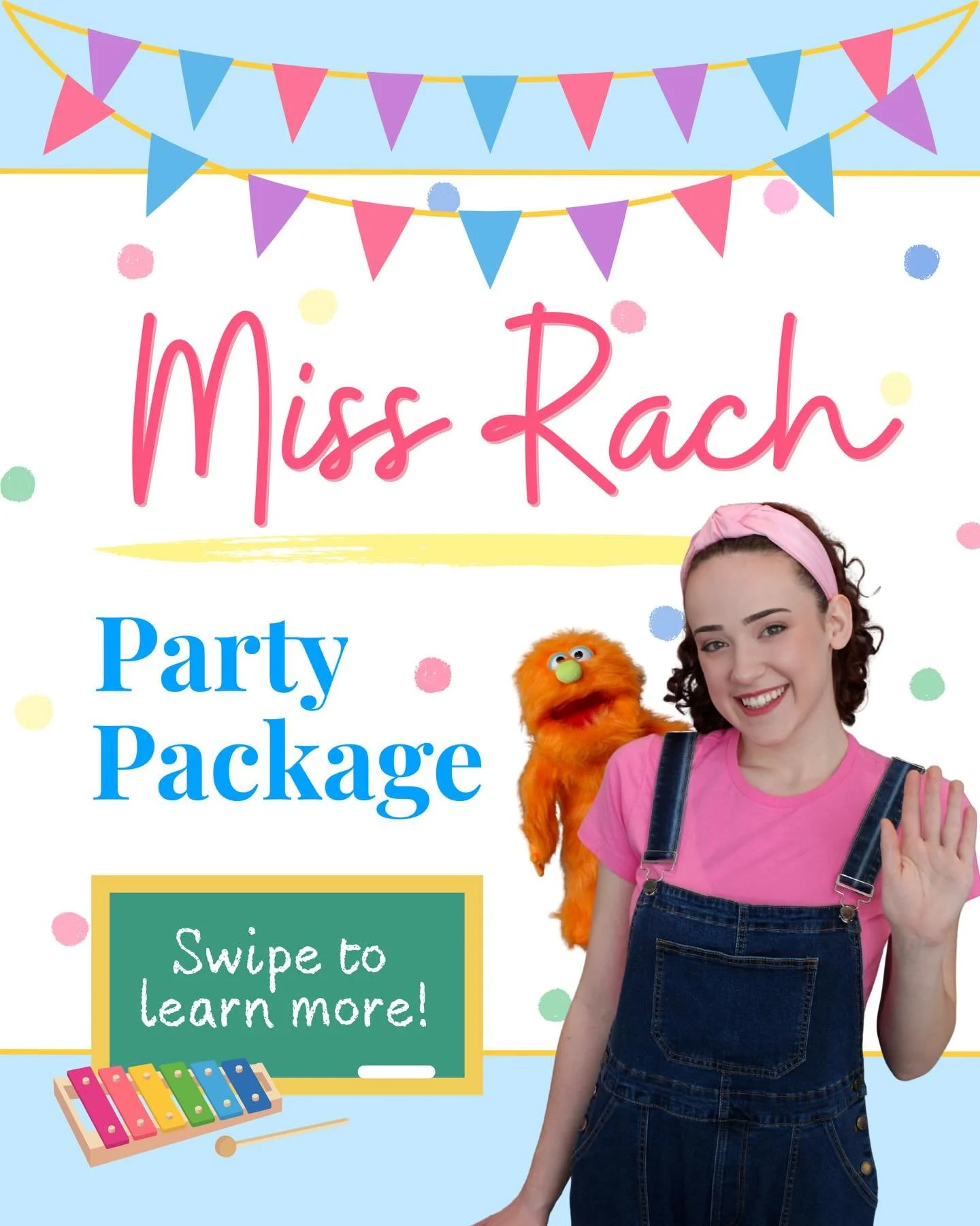 Introducing the Miss Rach Package! 🌈

This 60-minute playdate is full of music, games, and lots of fun surprises! Miss Rach will bring her whole toy box to entertain your little ones, and her talking puppet friend will even make a guest appearance f