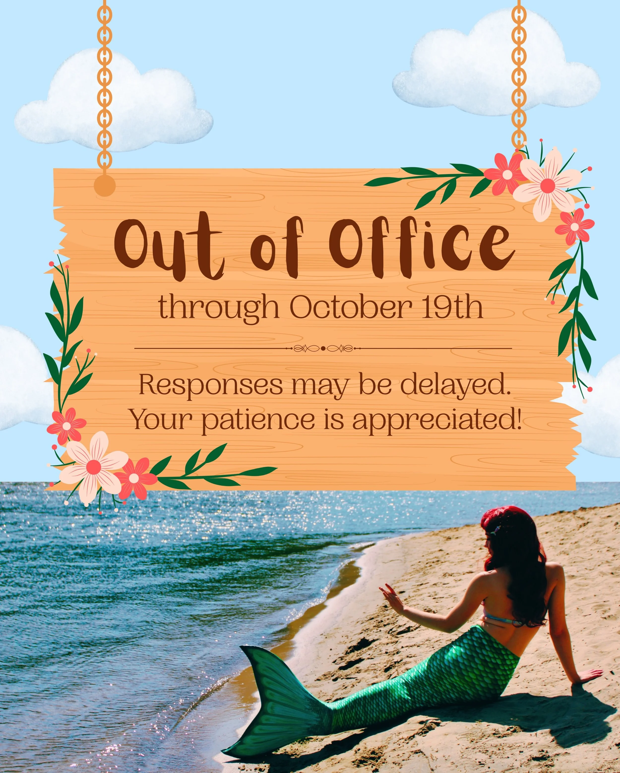 Hi friends! Starting tomorrow, I will be out of the office for vacation through October 19th. ✈️🏖️

I&rsquo;ll be keeping tabs on my inbox for communications about upcoming bookings, but please note that replies may be delayed. All new booking inqui