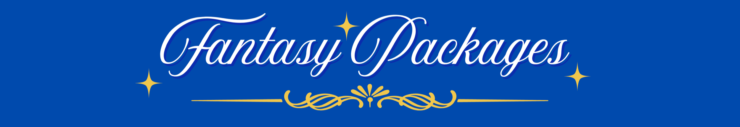 Logo for Fantasy Packages with a blue background, white elegant script font, and gold decorative accents.