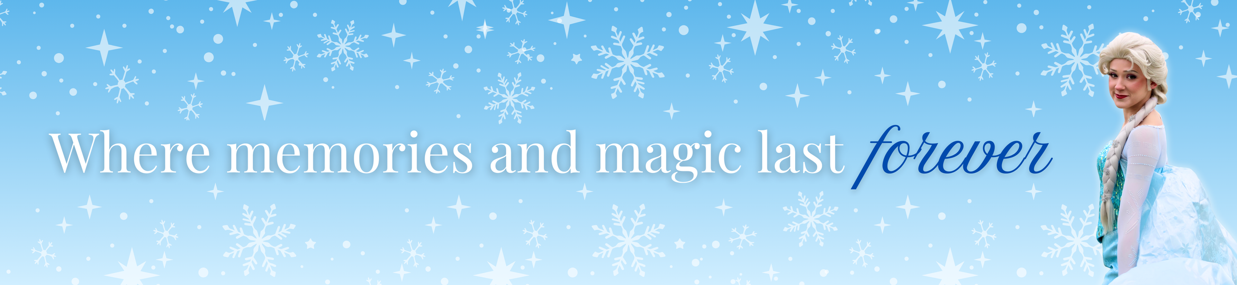 Elsa standing in front of a light blue background with white snowflakes and stars, wearing her iconic blue dress and cape.