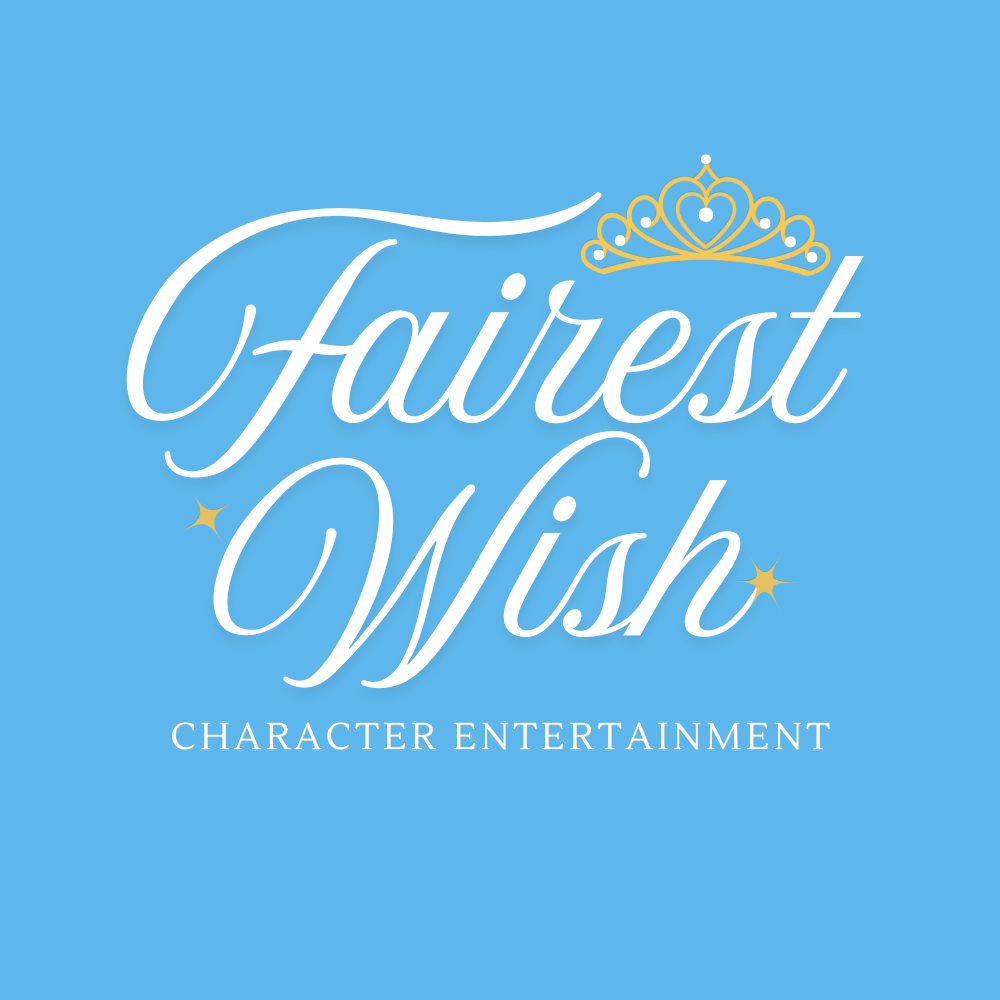 Blue square with the text "Fairest Wish" in white script font, a gold crown above, and the words "Character Entertainment" beneath.