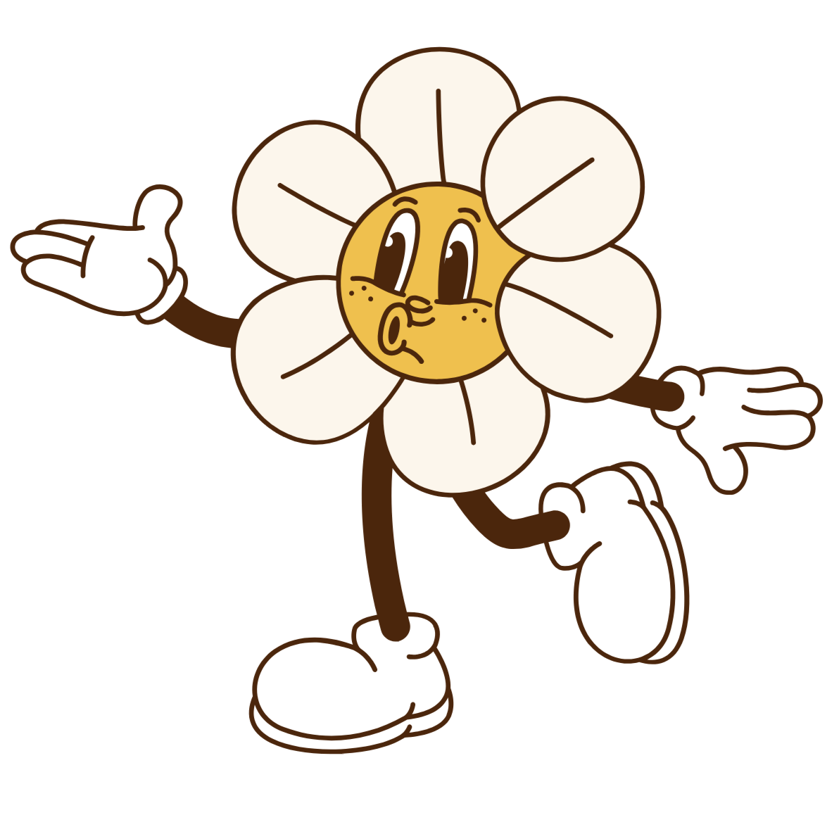 A cartoon flower character with a yellow face and white petals as hair, wearing white gloves and shoes, appears to be running or jumping with arms outstretched.