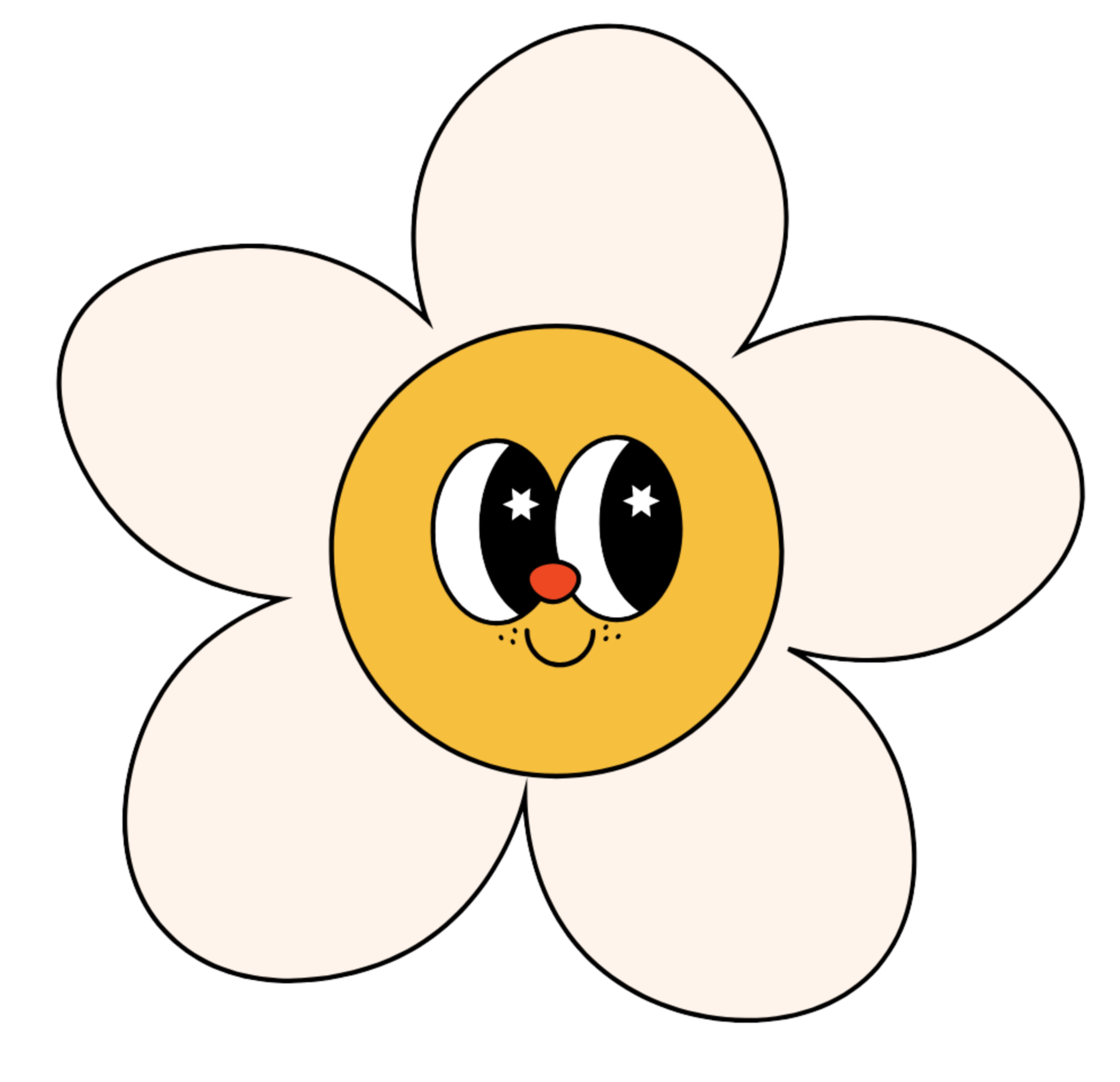 A cartoon flower with white petals and a smiling yellow face in the center, with large black eyes, a small red nose, and a tiny smiling mouth.