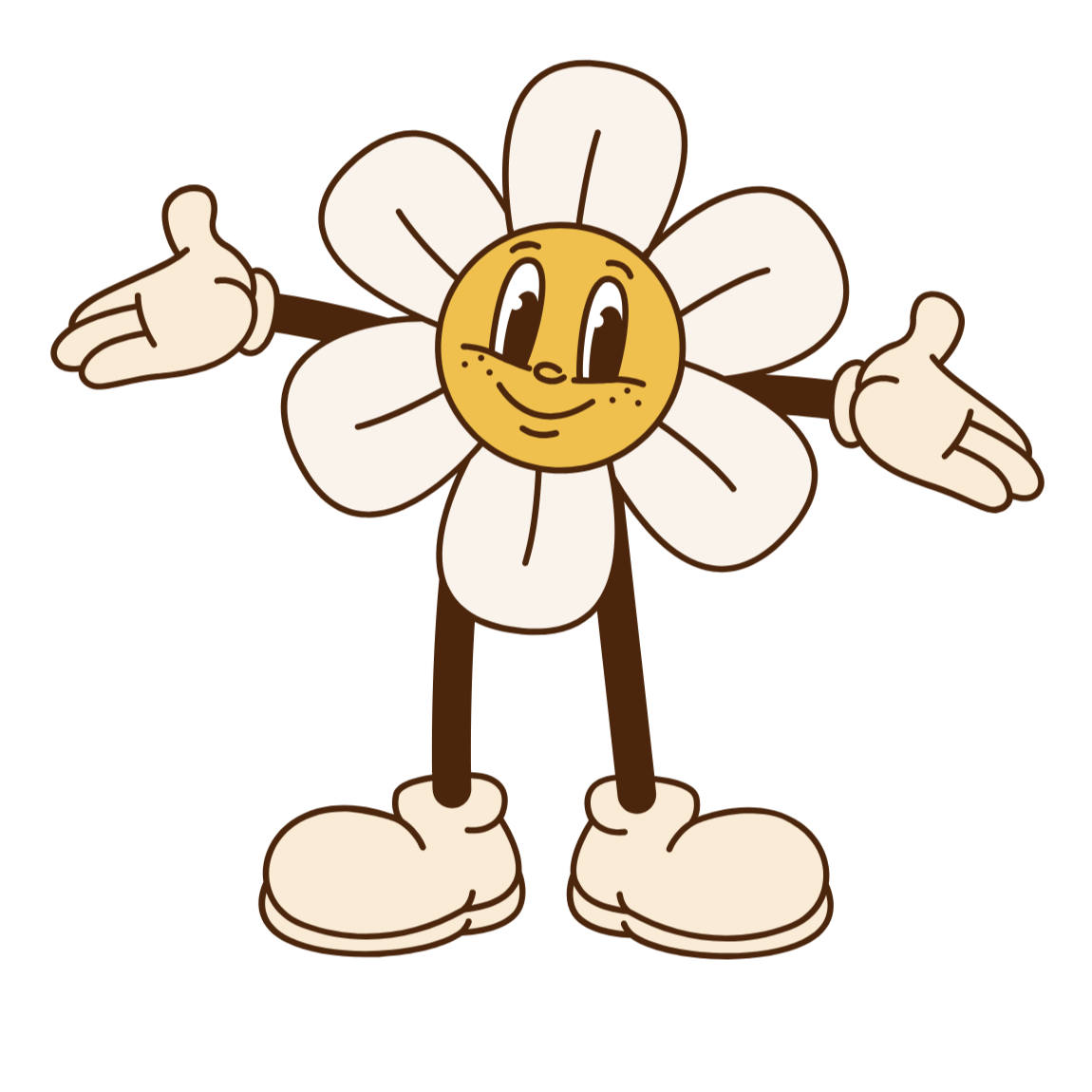 A cartoon flower character with a smiling face, arms, legs, and shoes, standing with arms outstretched.