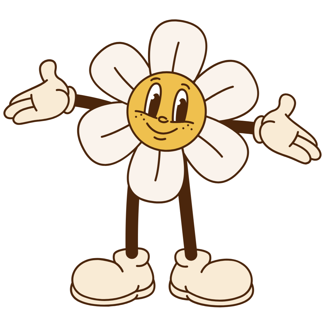 Cartoon character of a flower with a smiling face, arms outstretched, and wearing shoes.